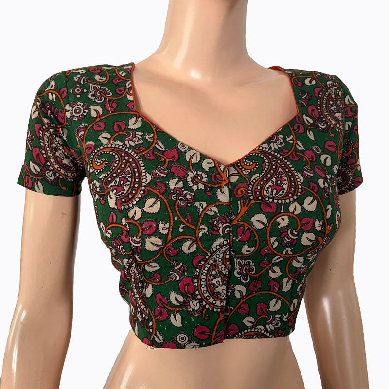 Kalamkari Cotton Sweetheart neck Blouse with Short Sleeves, Green, BK1279
