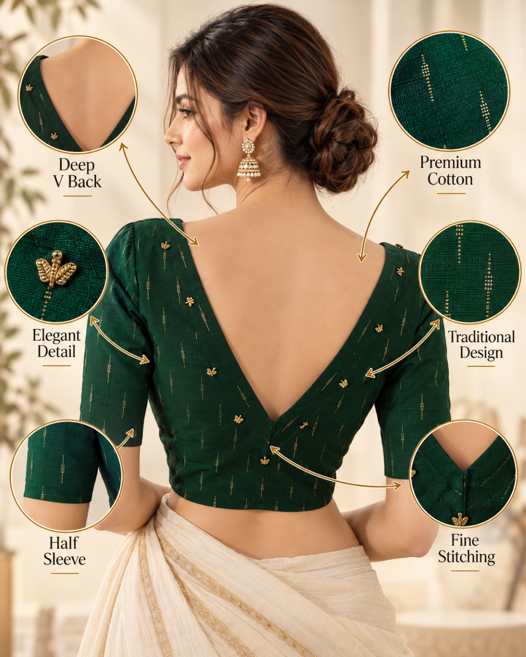 Semi Raw Silk Blouse with Front Boat Neck & Back V Neck, Metal Embellishments, Golden Butta & Lining, Bottle Green - BS1203