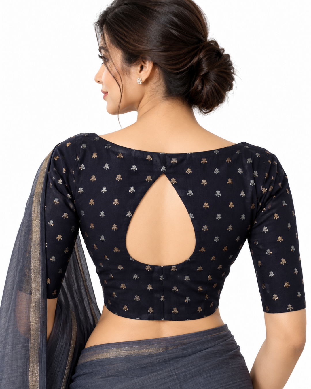 Banarasi Art Silk Square- U neck Blouse with Water drop hole in back, Golden Butta & Lining, Navy Blue, BS1173