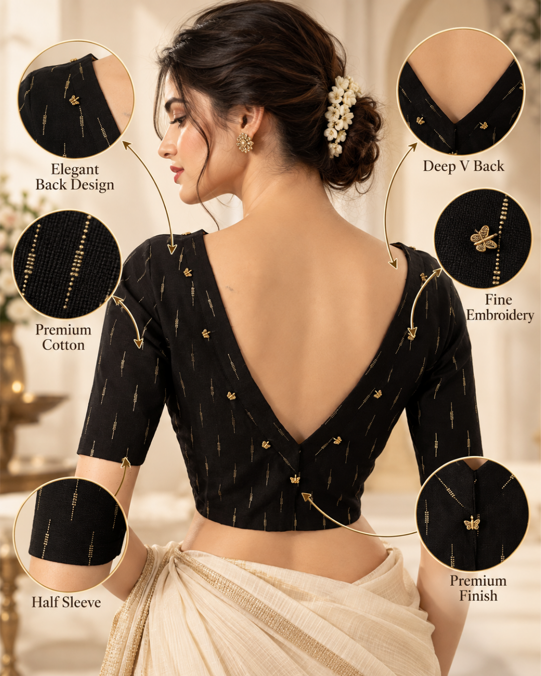 Semi Raw Silk Blouse with Front Boat Neck & Back V Neck, Metal Embellishments, Golden Butta & Lining, Black - BS1202