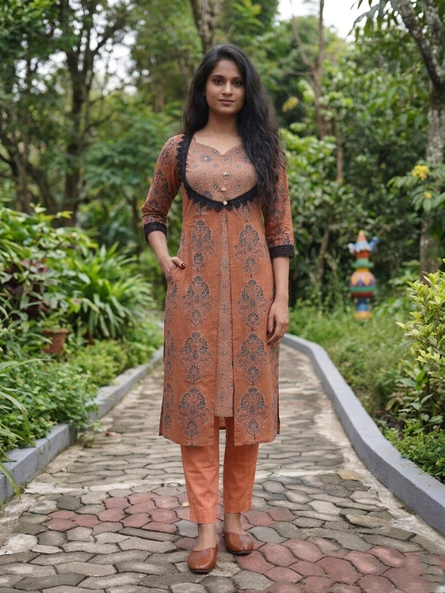 Ajrakh Cotton Y Neck Layered A Line Kurta with Lace and Mirror Details with Pocket, Peach, KA1048