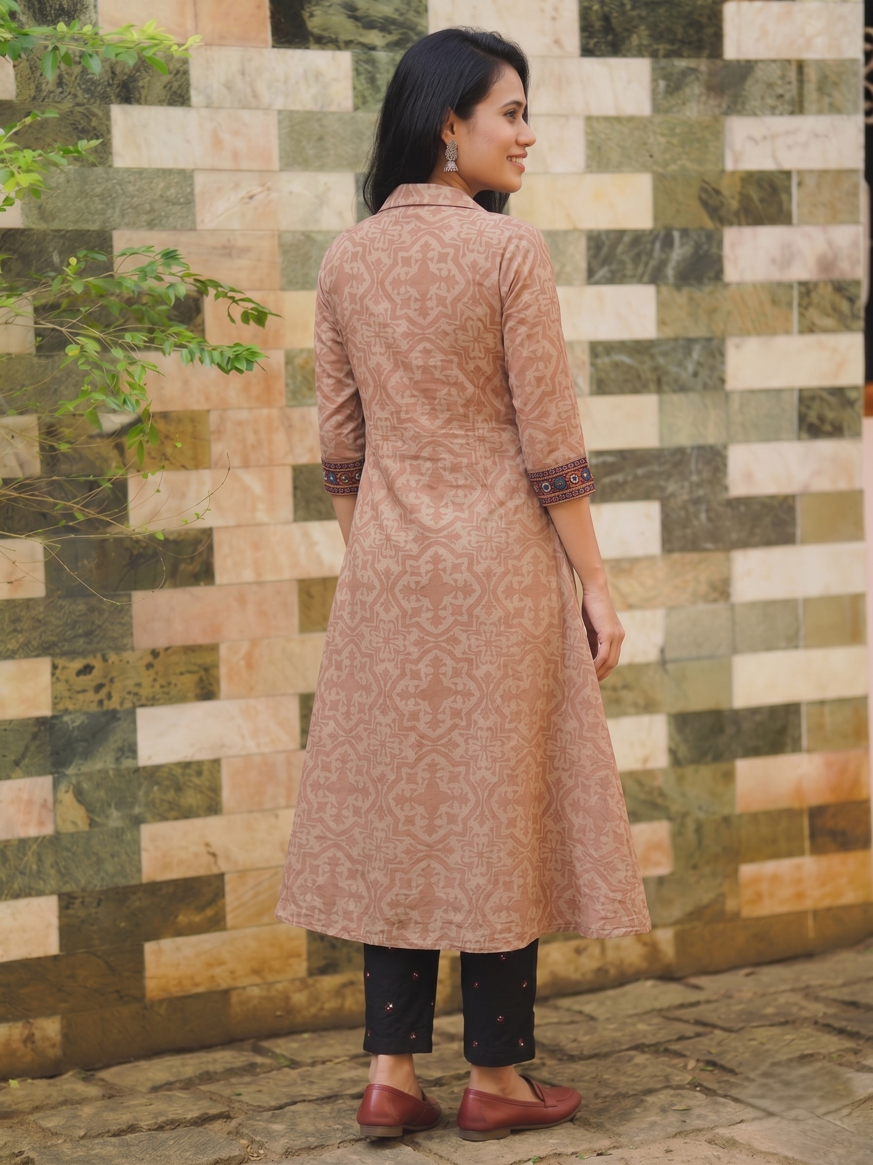 Ajrakh Printed Modal Silk Straight Cut Kurta with Coat Collar, Lace detailing & Pockets, Peach, KS1016