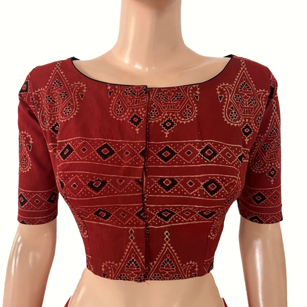 Ajrakh Cotton Boat Neck Blouse ,Maroon , BA1188