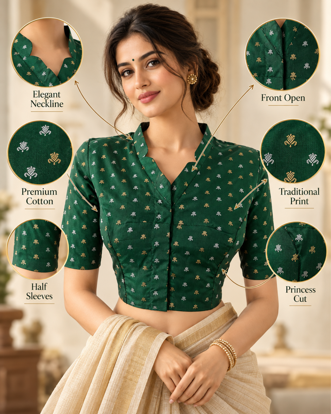 Banarasi Art Silk Collar Neck Blouse with Golden and Silver Butta & Lining, Bottle Green, BS1176