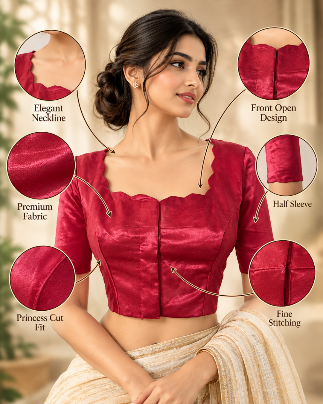 Gajji Silk Scallop neck Blouse, with Lining, Pink, BS1169