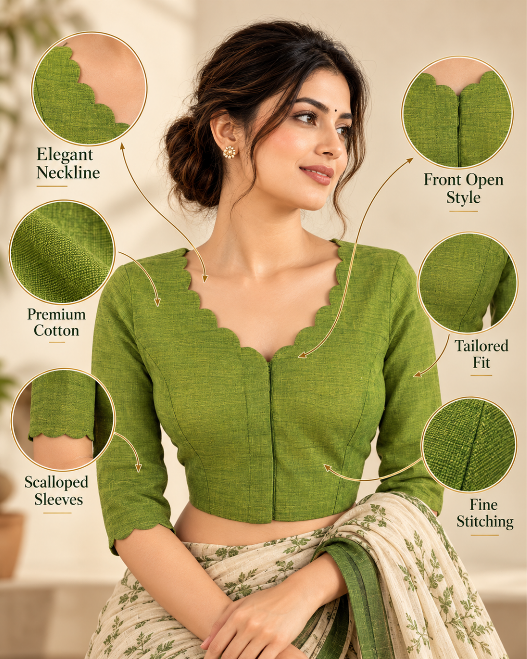 Slub Cotton Scallop V neck Blouse with Lining , Light Green, BH1205