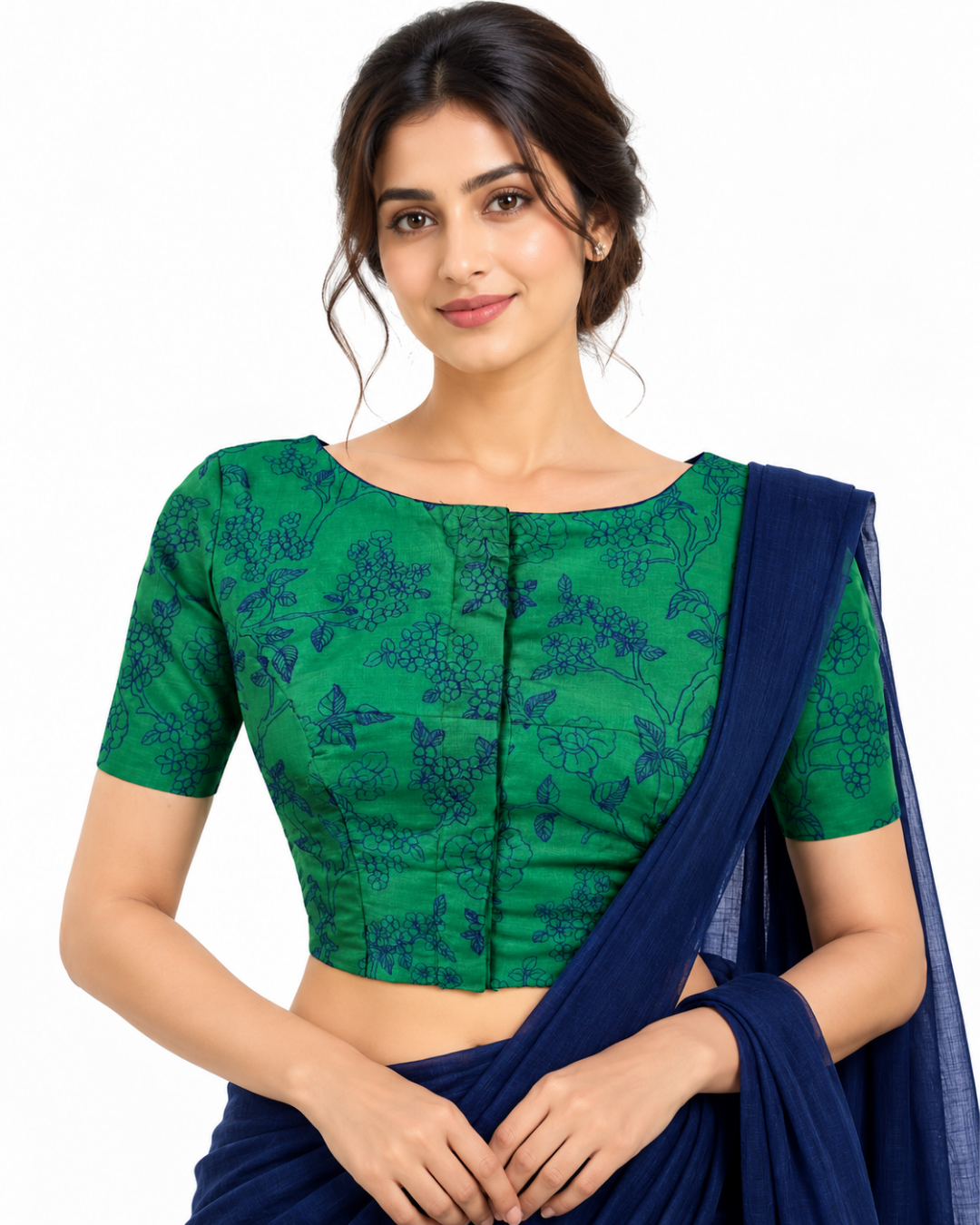 Pure Tussar Silk Boat Neck Blouse with Short Sleeves and Lining ,Green , BL1002