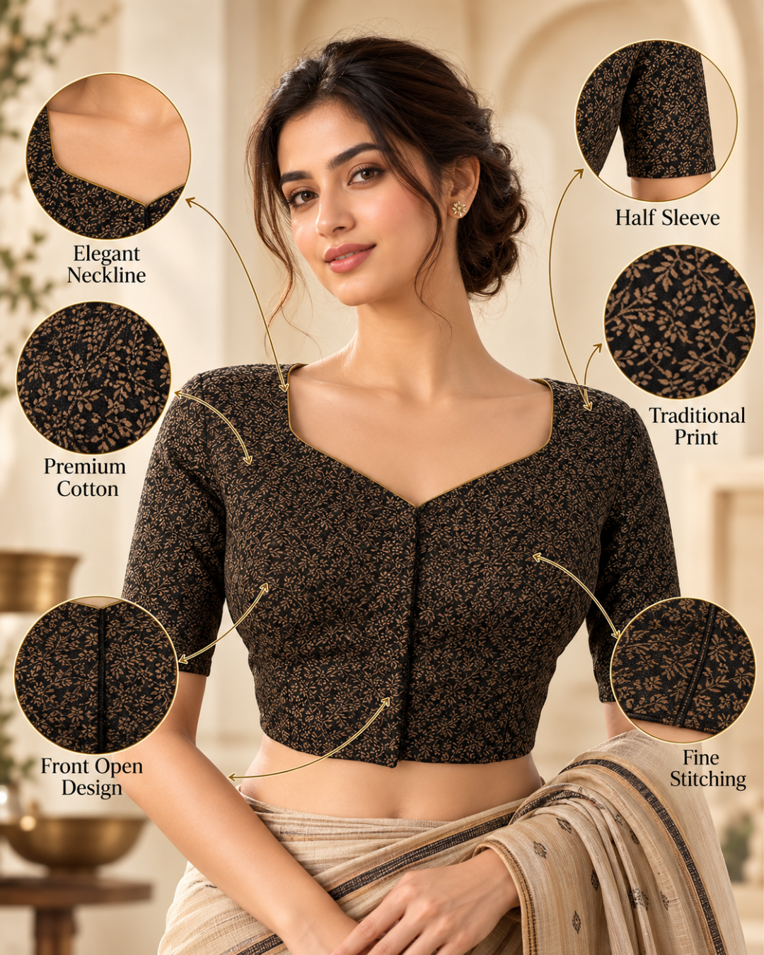Banarasi Brocade Semi Silk Blouse with Sweetheart neck & Lining, Black, BS1158