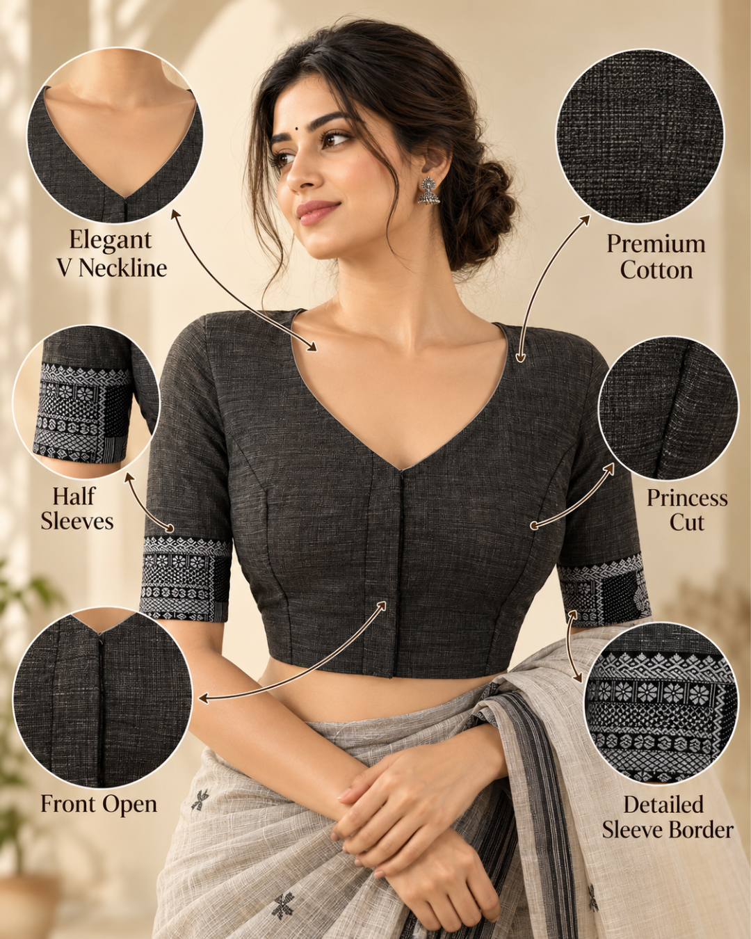 Mangalgiri Cotton V neck Blouse with Woven Thread Border and Lining , Grey, BH1233
