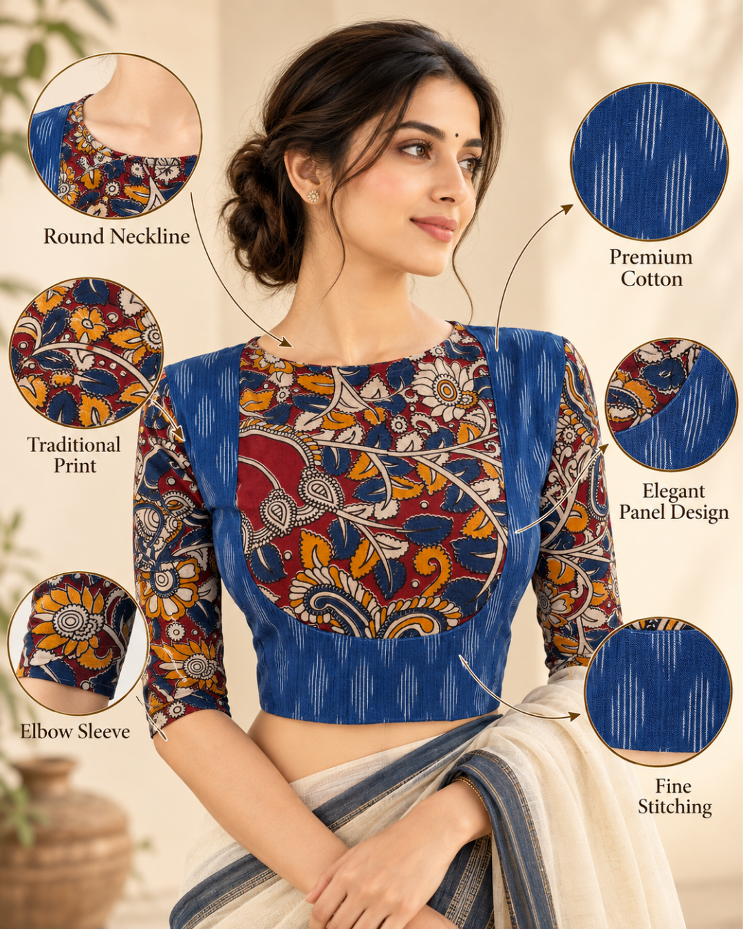 Ikat – Kalamkari Cotton Close Neck Blouse, Backopen, Blue – Red, BI1158