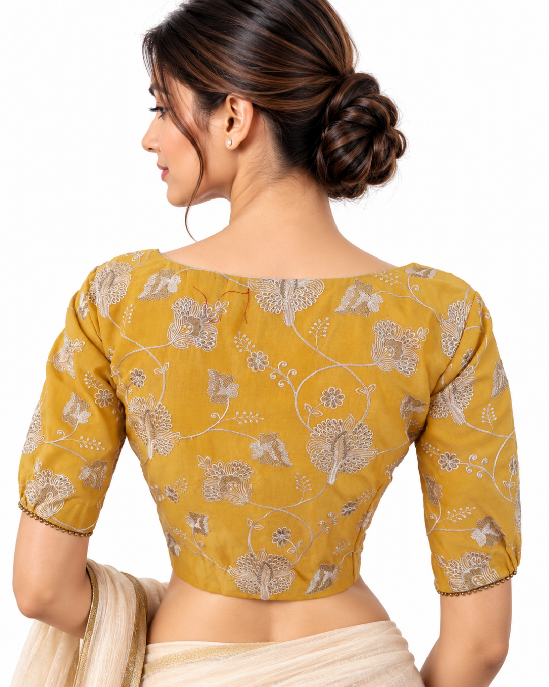 Embroidered Chanderi Silk V neck Blouse with Gathered Sleeves & Bead Details, Yellow, BS1102