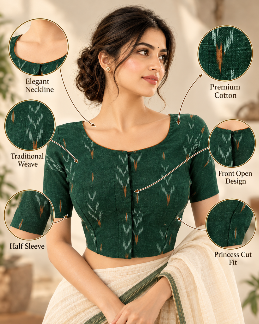 Ikat Cotton Boat Neck Blouse with V neck in Back, Short Sleeves & Potli Button Details , Bottle Green, BI1186