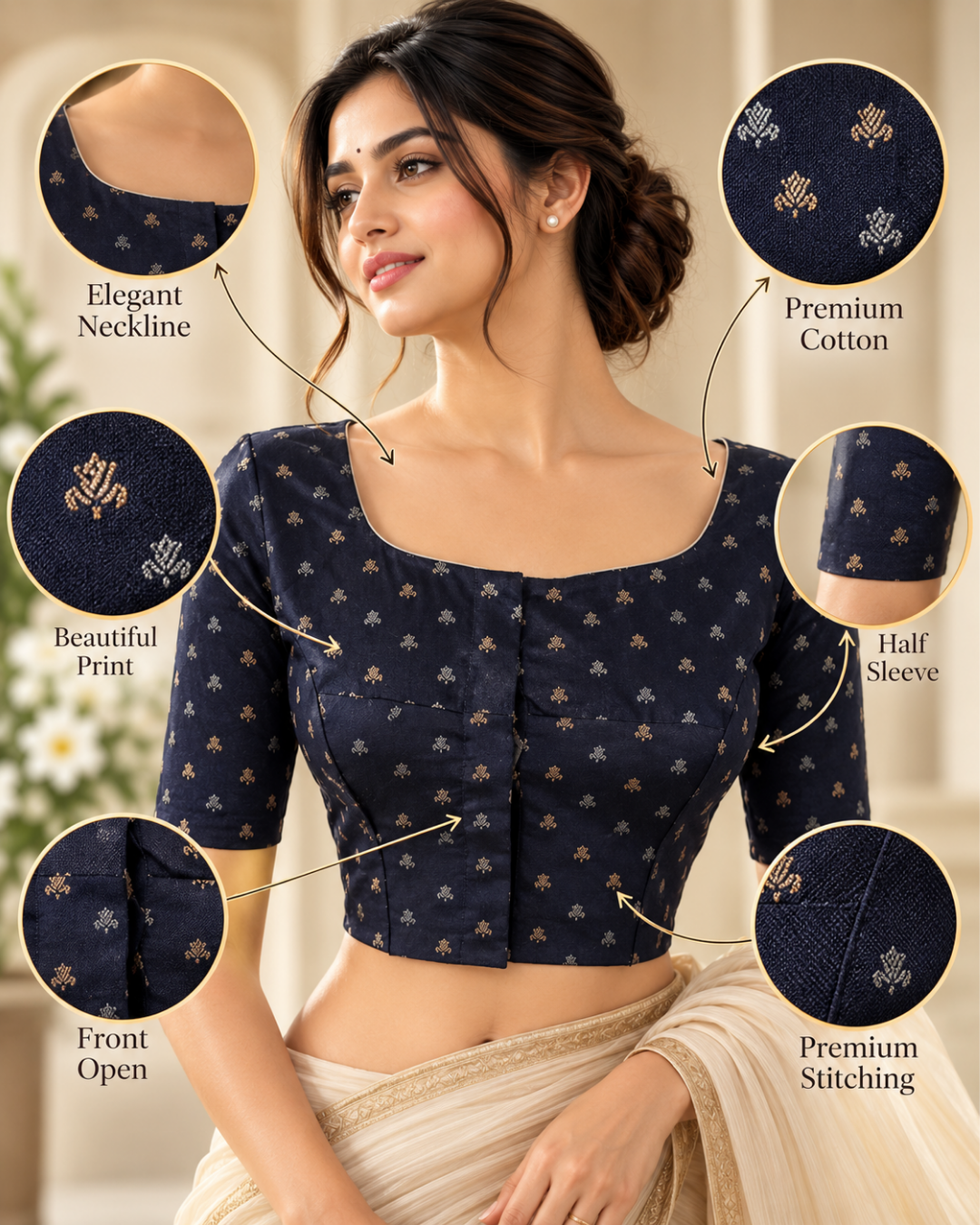 Banarasi Art Silk Square- U neck Blouse with Water drop hole in back, Golden Butta & Lining, Navy Blue, BS1173