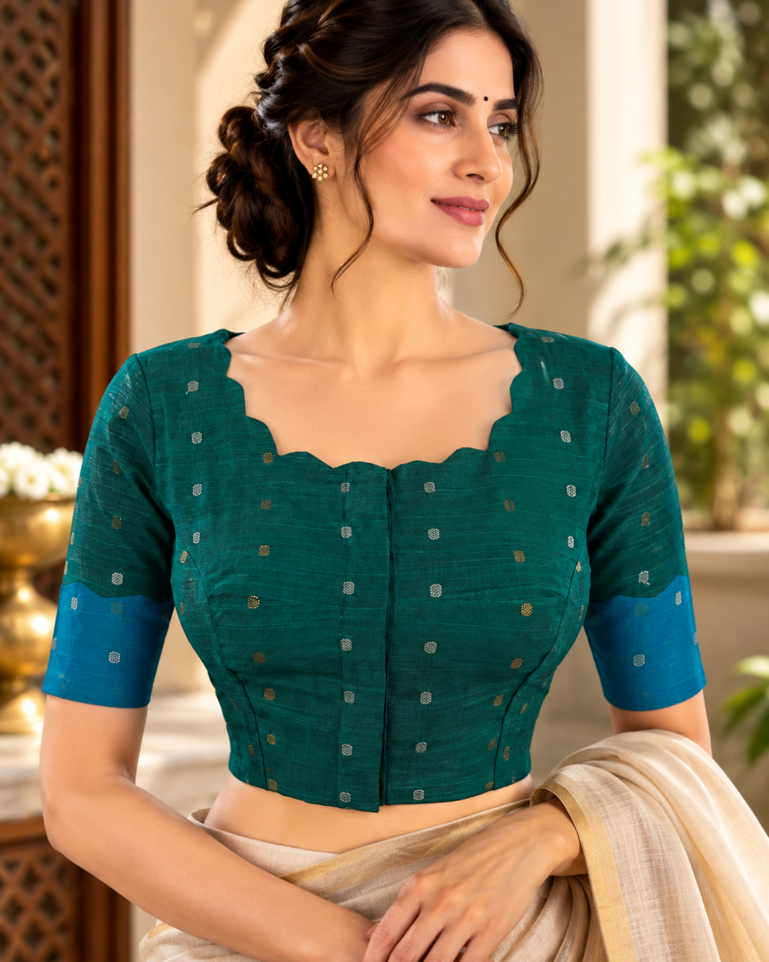 Semi Raw Silk Scallop -Boat Neck Blouse with Golden Butta & Lining, Teal Green, BS1204