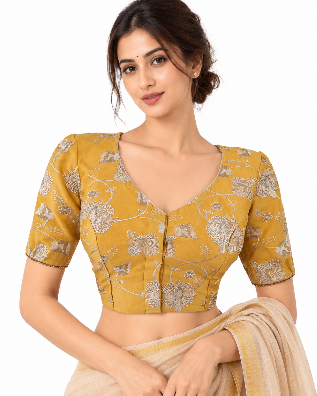 Embroidered Chanderi Silk V neck Blouse with Gathered Sleeves & Bead Details, Yellow, BS1102