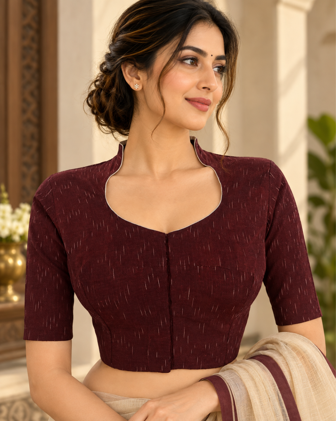 Ikat Cotton High Neck Blouse , Brown , BI1182