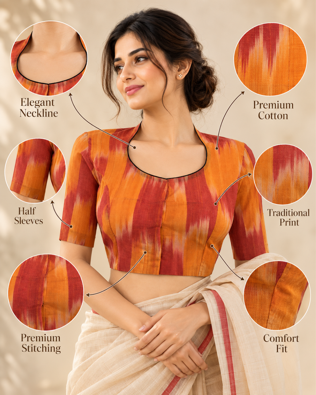 Handloom Tie - dye Cotton Highneck Blouse, Yellow - Rust, BH1085