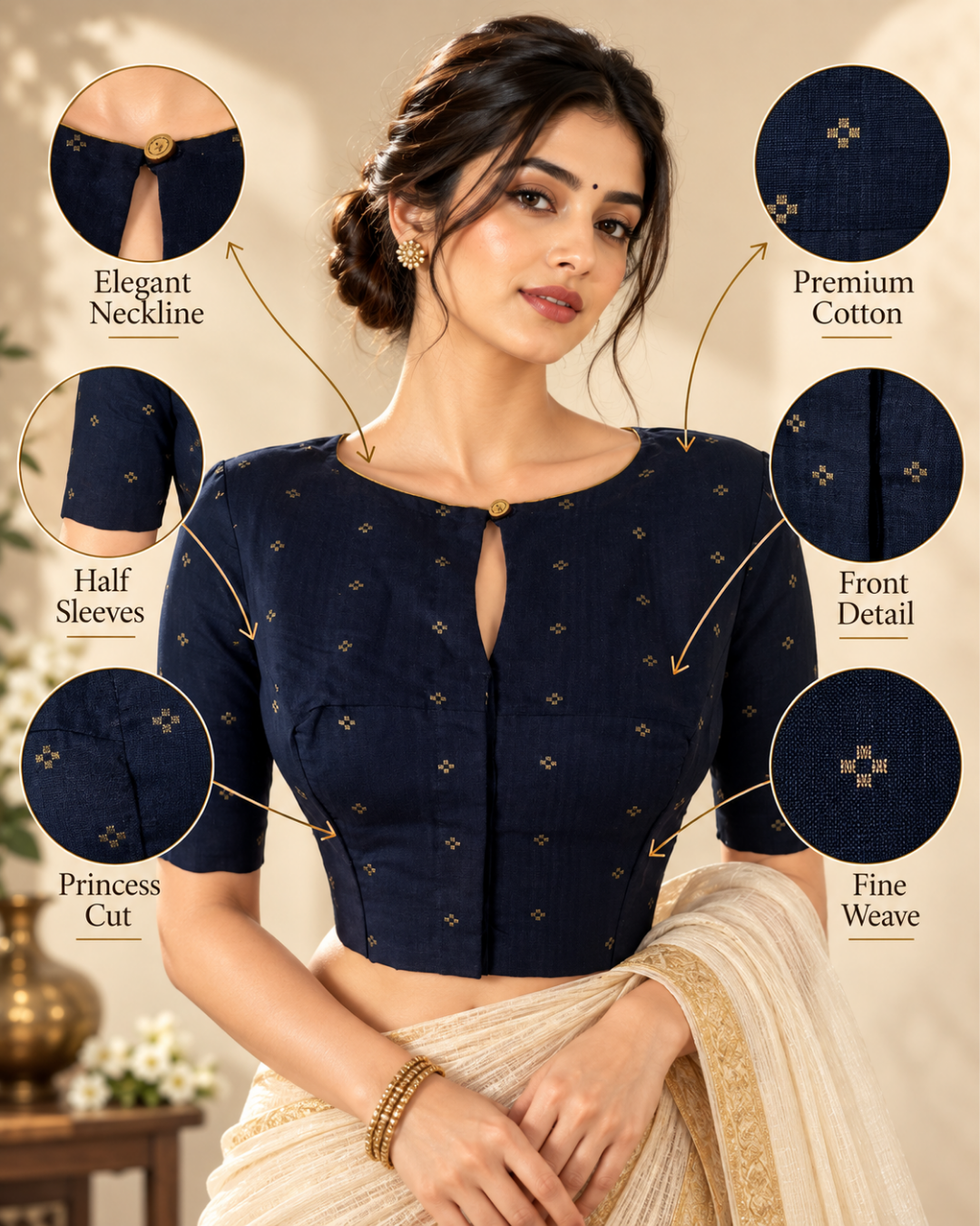 Semi Raw Silk Close neck Blouse with Golden Butta, Thread work Patch in the back & Lining, Navy Blue, BS1197