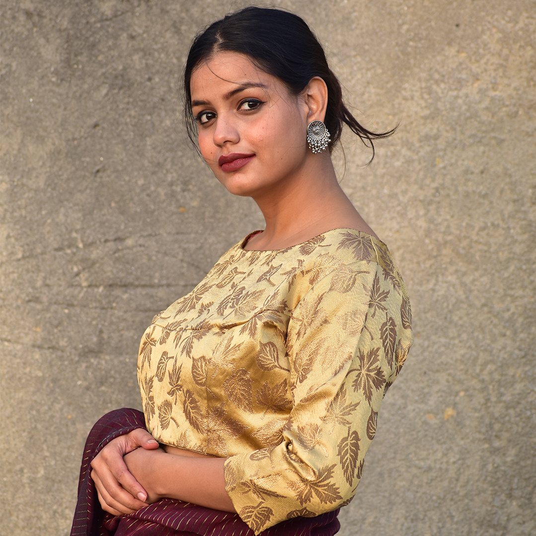 Banarasi Brocade Silk Boatneck Blouse with Lining, Backopen, Golden Beige, BS1152