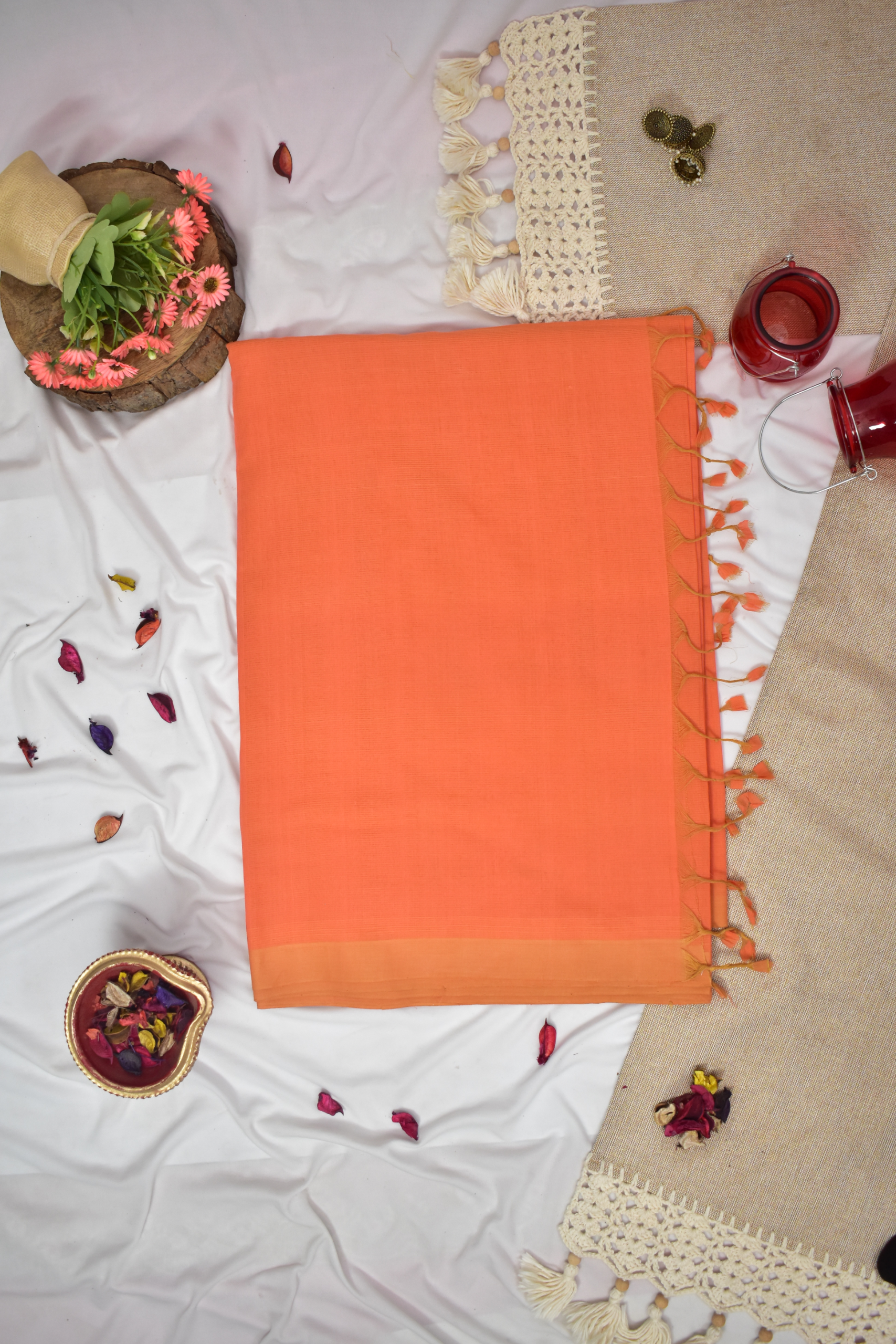 Pure Handloom Mangalgiri Plain Cotton Saree with Tassles, Orange, SR1040
