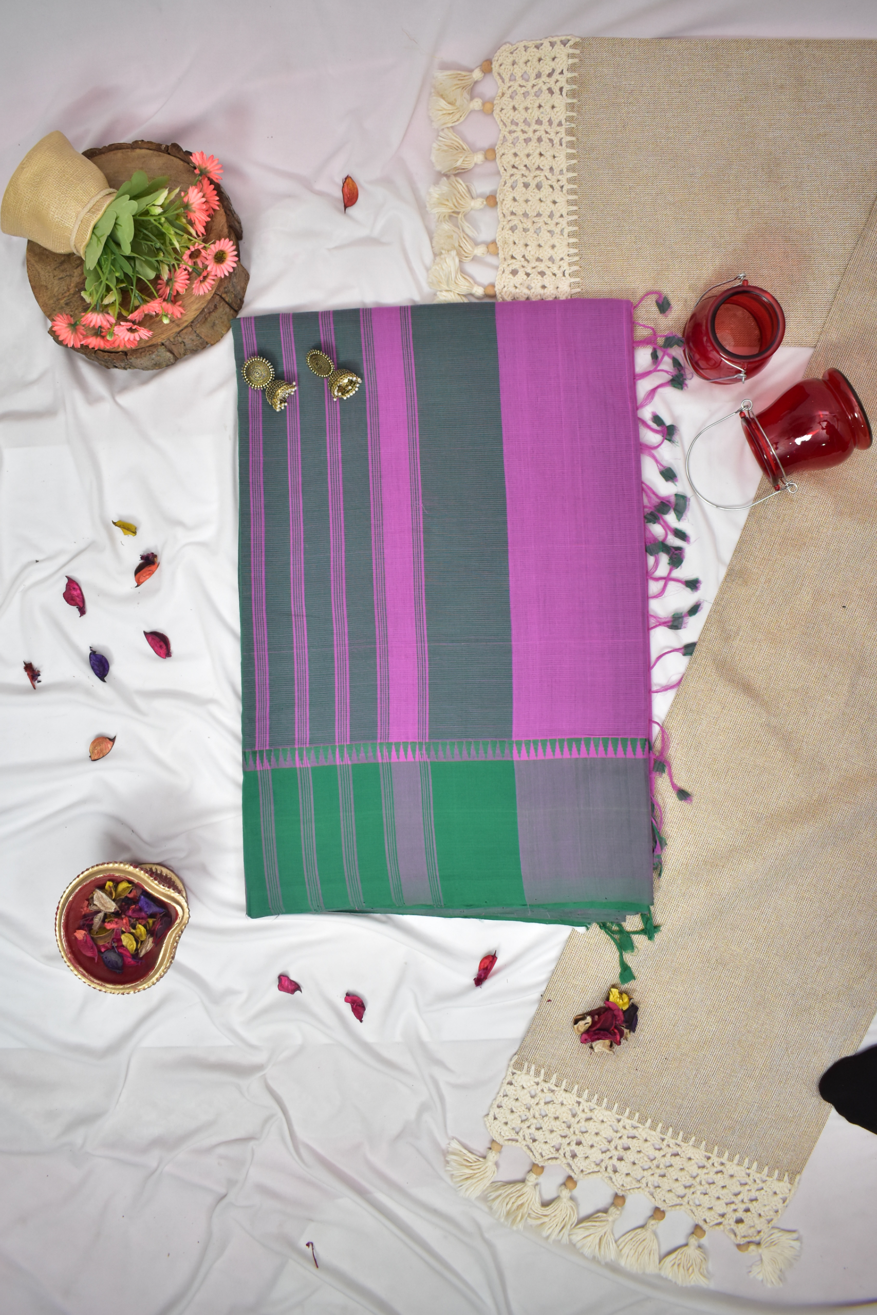 Pure Handloom Mangalgiri Cotton Saree with Threadwork Temple Border & Tassles, Pink with Green, SR1039