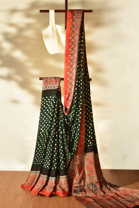 Lush Green & Rosy Red Modal Silk Bandhani - Ajrakh Saree with Blouse Piece, SS1017