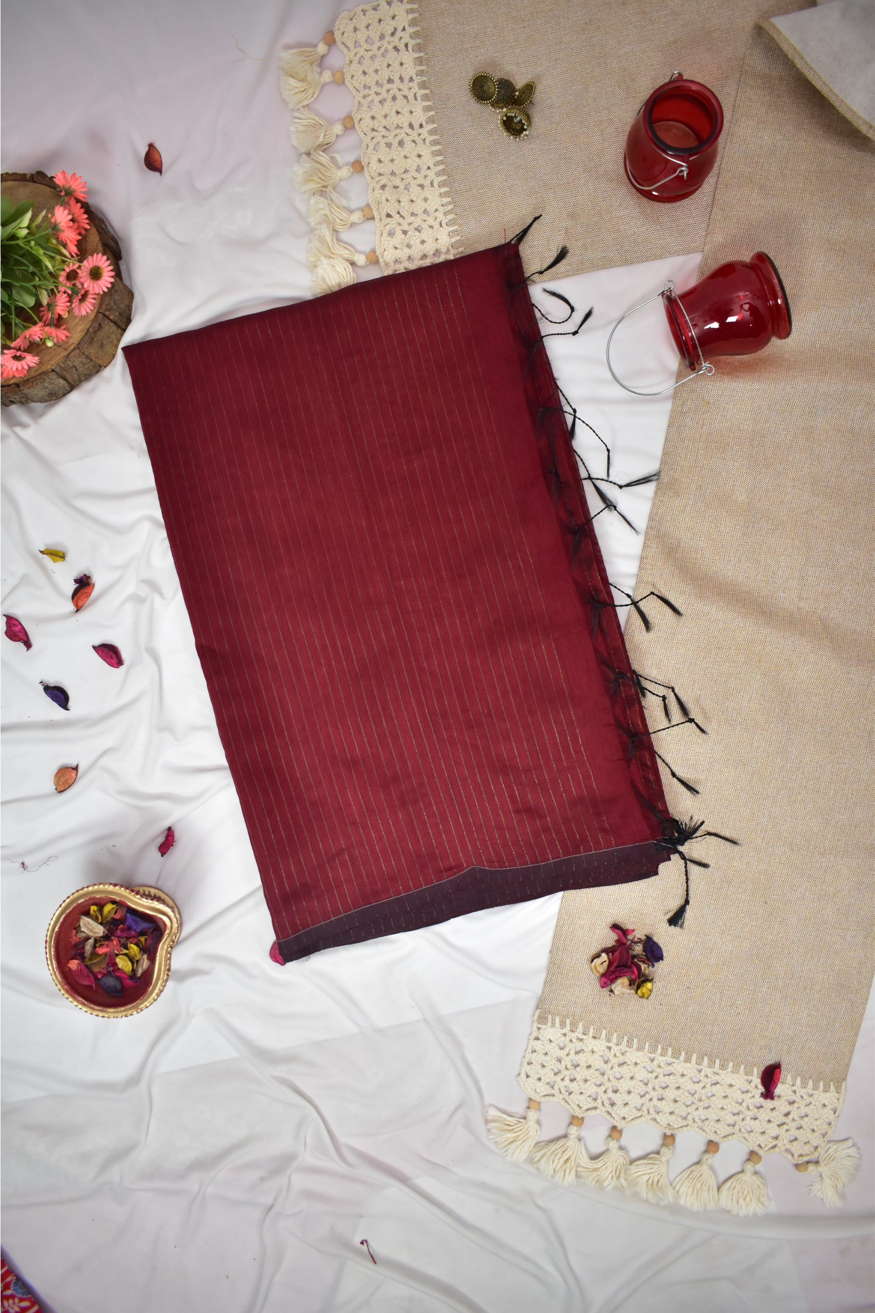 Blended Cotton Saree with Woven Zari Stripes & Tassles, Maroon, SR1003
