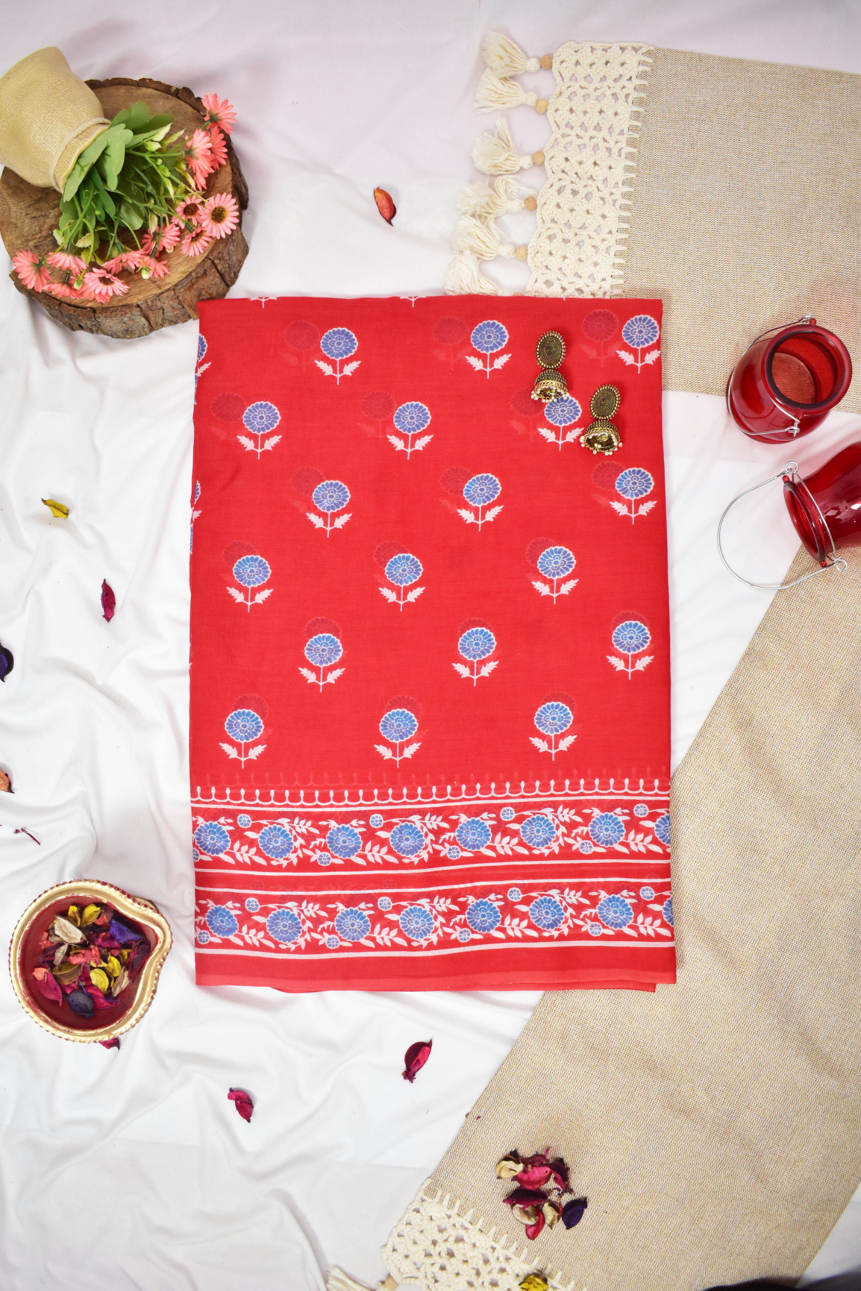 Block Printed Mul Cotton Saree, Red, SR1043
