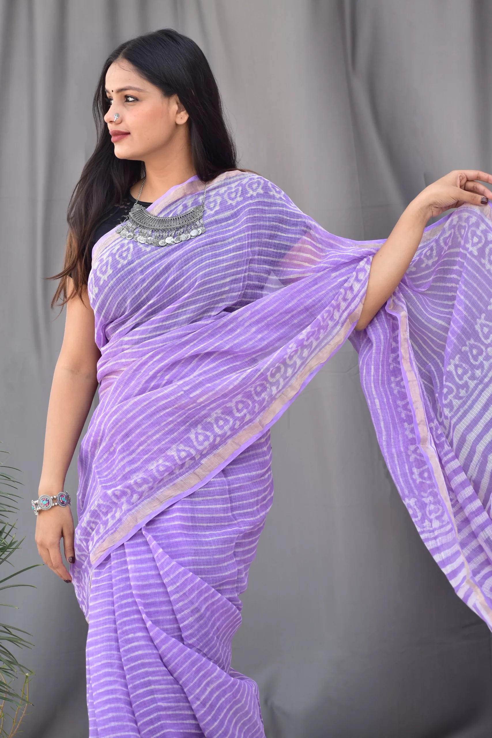 Pure Cotton Kota Doria Block Printed Saree with Zari Border, Lavender, SR1031