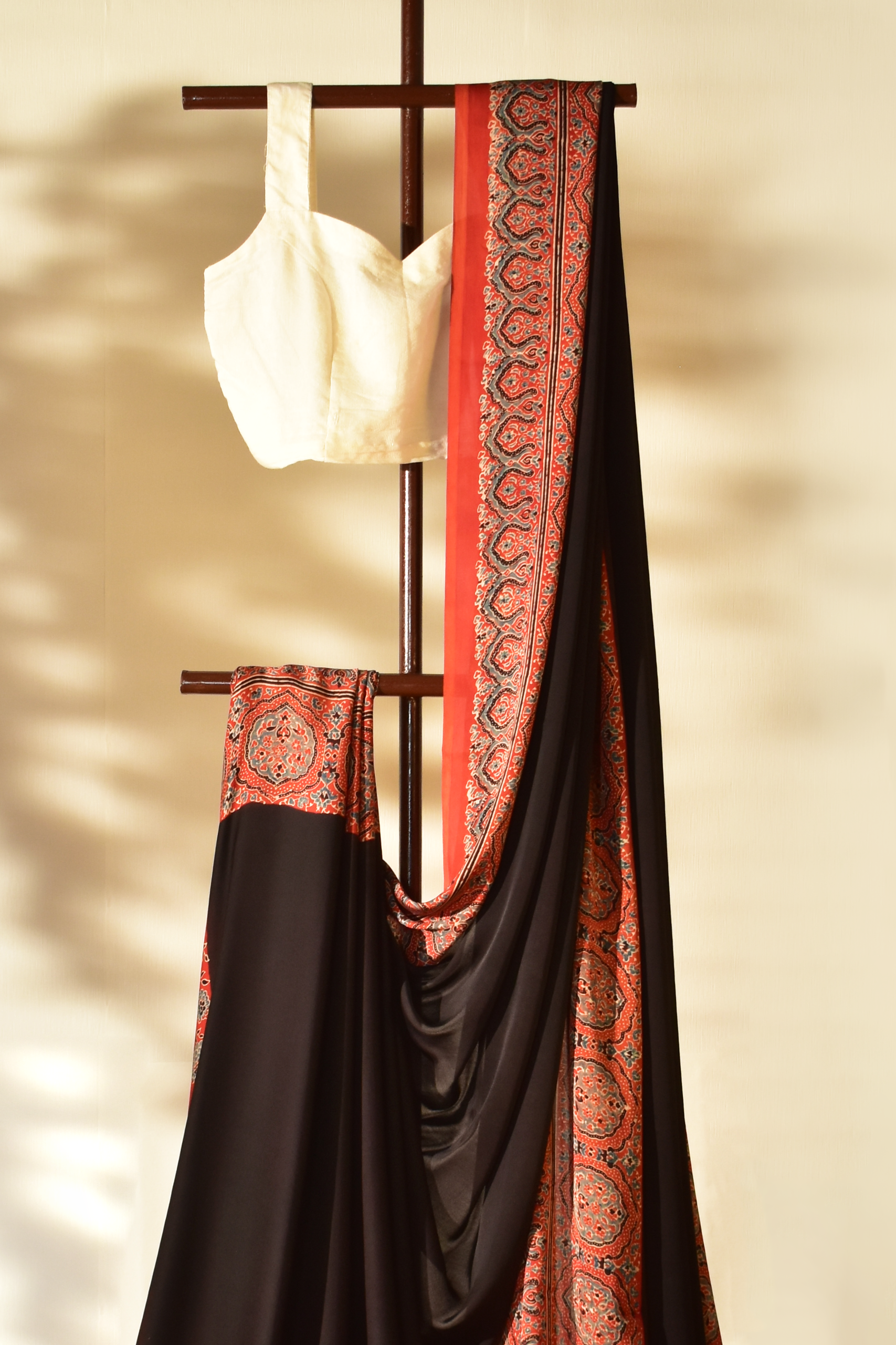 Somber Black & Ruby Red Modal Silk Saree with Plain body, Ajrakh border Pallu & Blouse Piece, SS1020 Somber Black & Ruby Red Modal Silk Saree with Plain body, Ajrakh border Pallu & Blouse Piece, SS1020