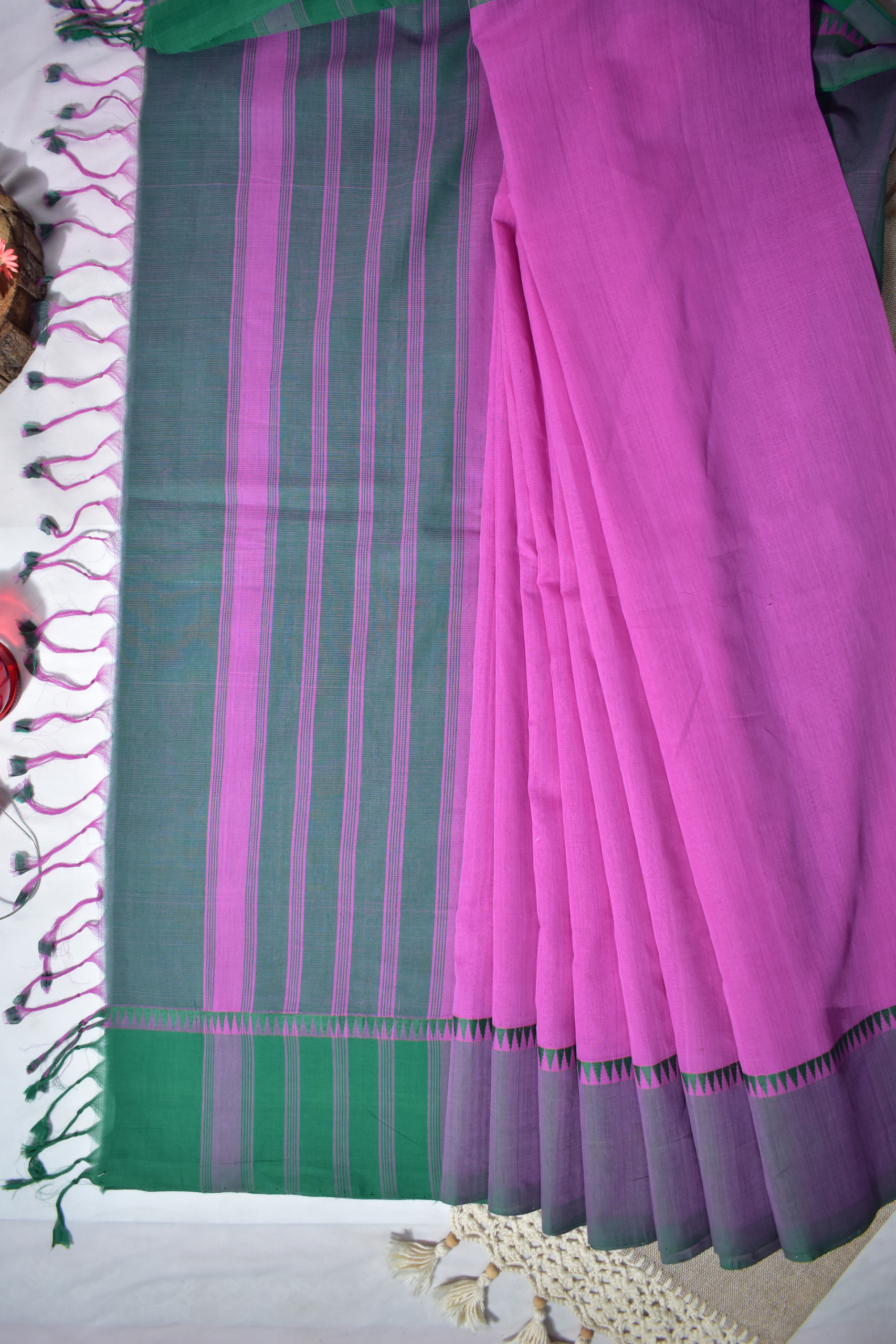 Pure Handloom Mangalgiri Cotton Saree with Threadwork Temple Border & Tassles, Pink with Green, SR1039