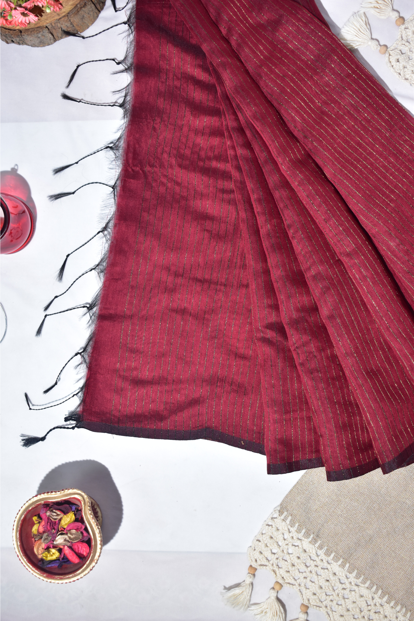 Blended Cotton Saree with Woven Zari Stripes & Tassles, Maroon, SR1003
