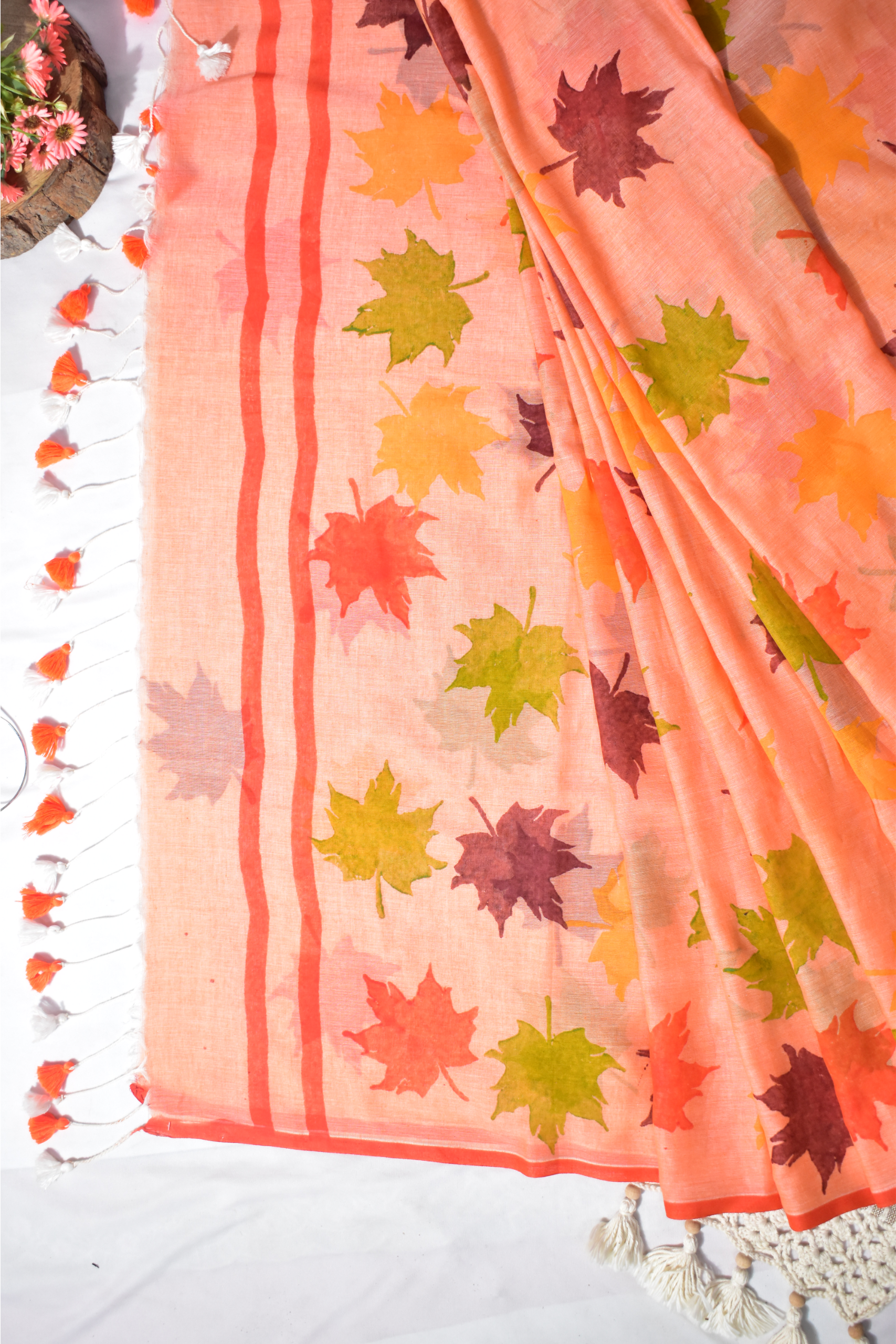 Handloom Soft Cotton Saree with Block Prints & Tassles, Peach, SR1002