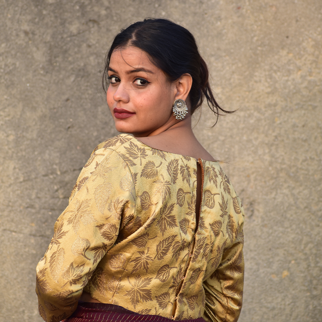 Banarasi Brocade Silk Boatneck Blouse with Lining, Backopen, Golden Beige, BS1152