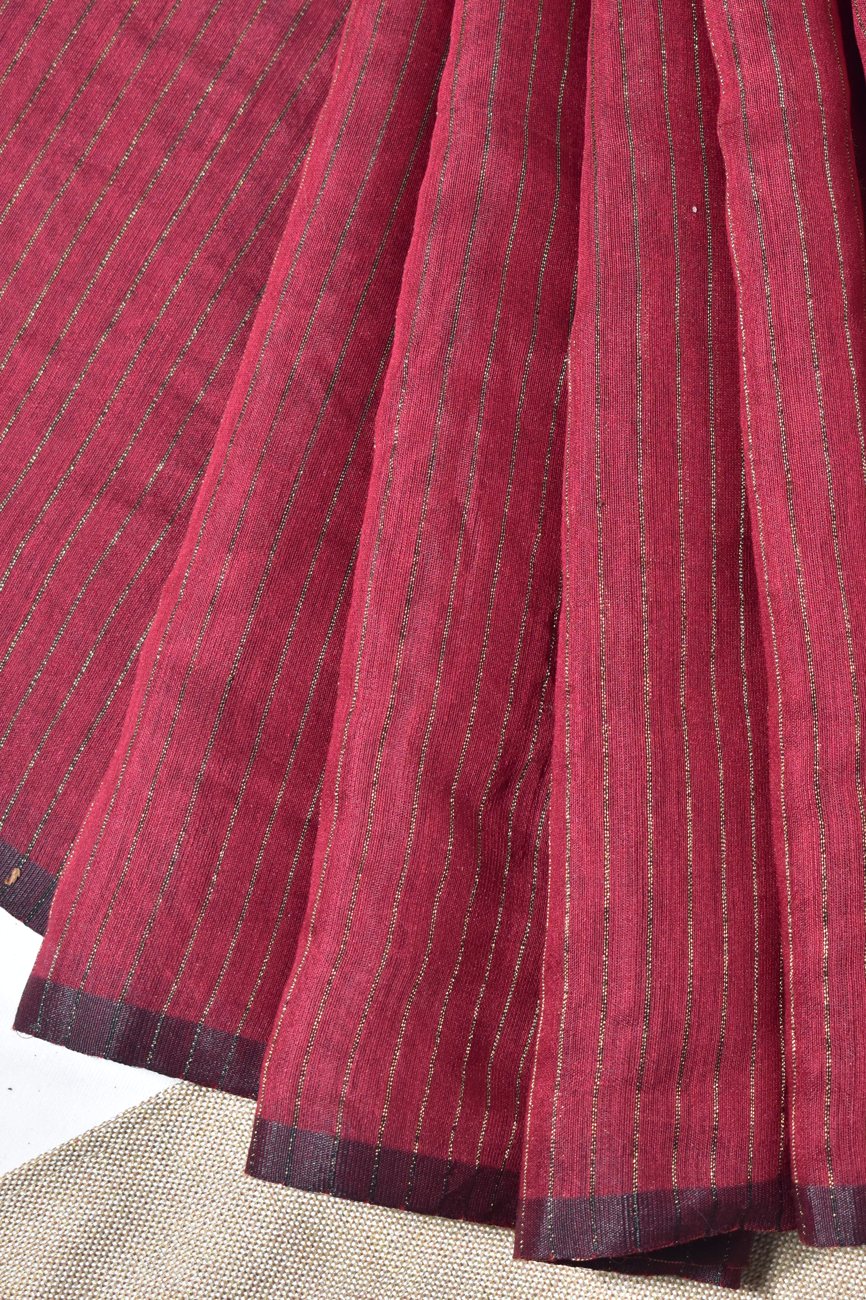 Blended Cotton Saree with Woven Zari Stripes & Tassles, Maroon, SR1003