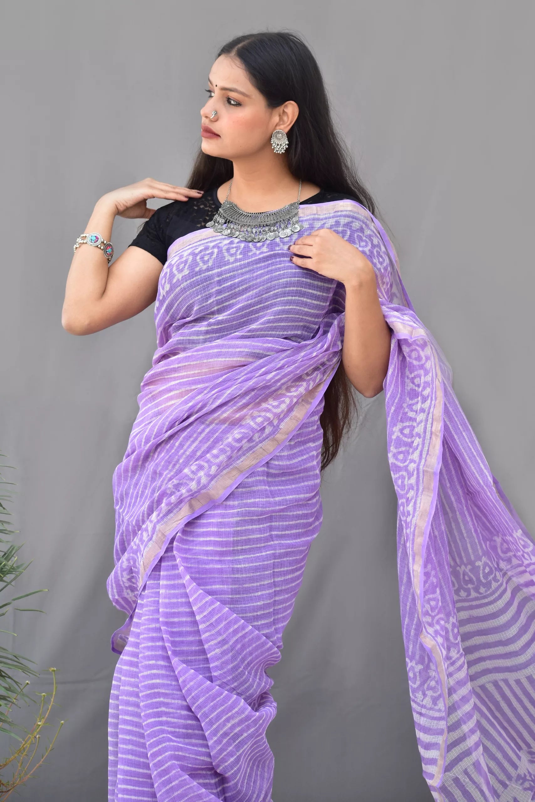 Pure Cotton Kota Doria Block Printed Saree with Zari Border, Lavender, SR1031