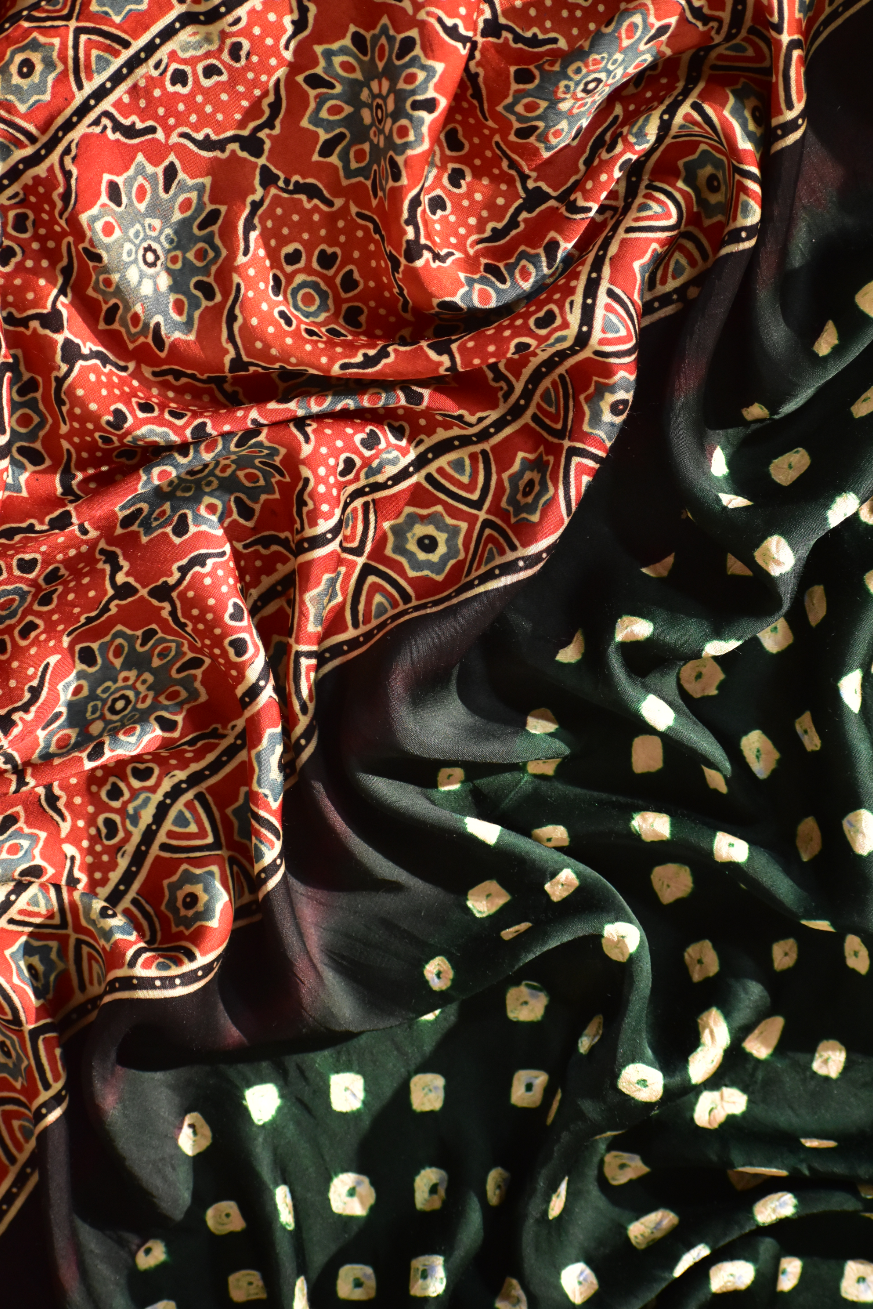 Lush Green & Rosy Red Modal Silk Bandhani - Ajrakh Saree with Blouse Piece, SS1017