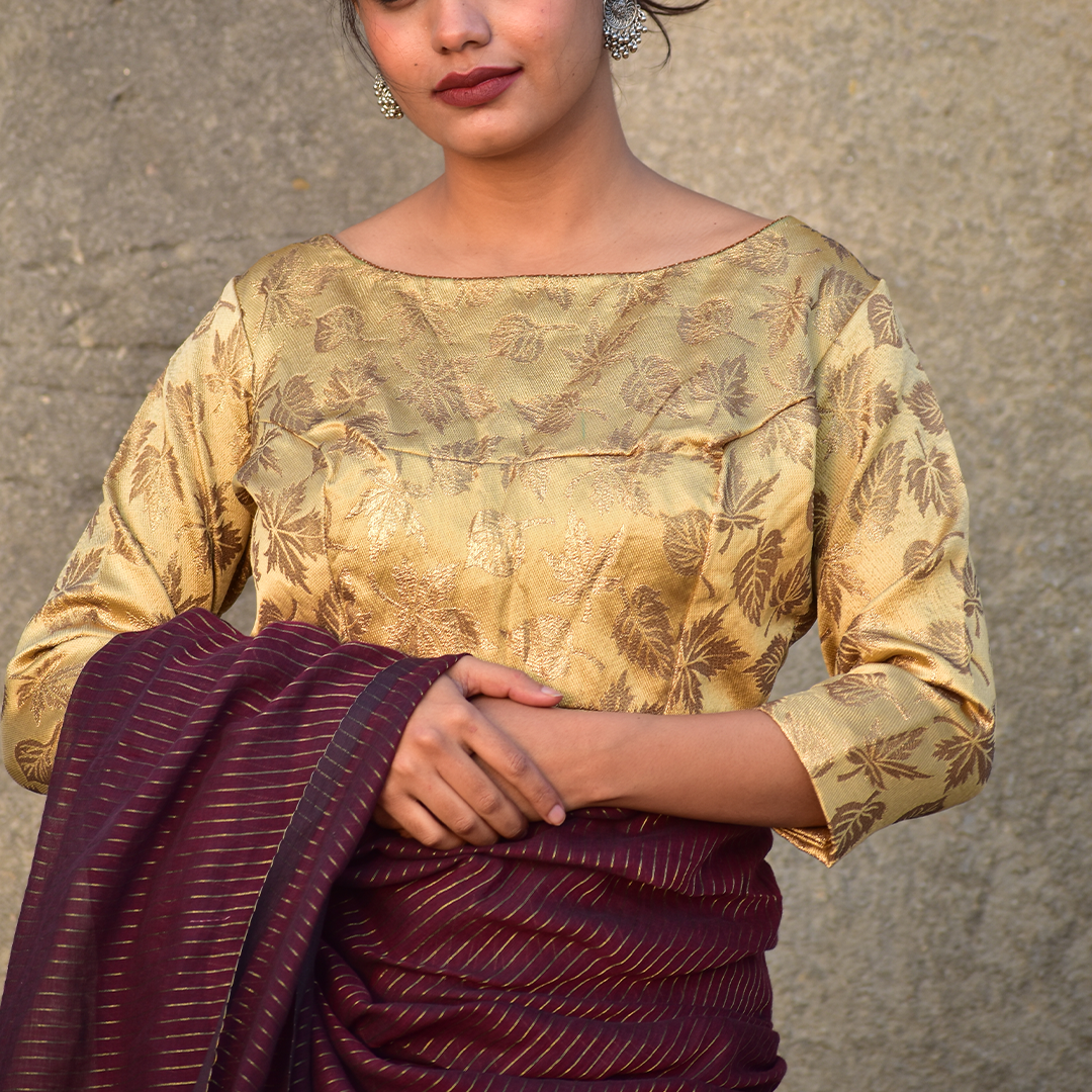 Banarasi Brocade Silk Boatneck Blouse with Lining, Backopen, Golden Beige, BS1152