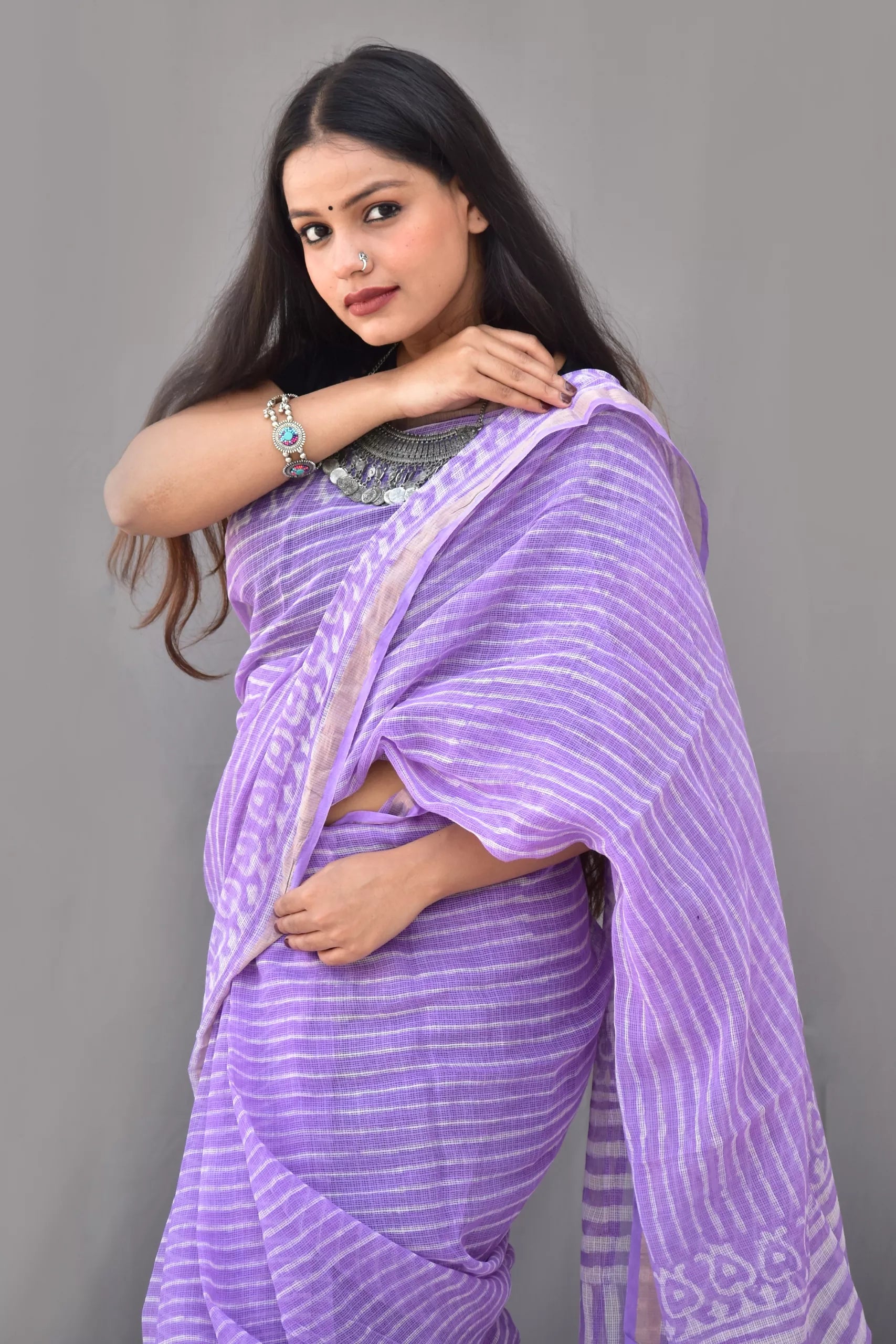 Pure Cotton Kota Doria Block Printed Saree with Zari Border, Lavender, SR1031
