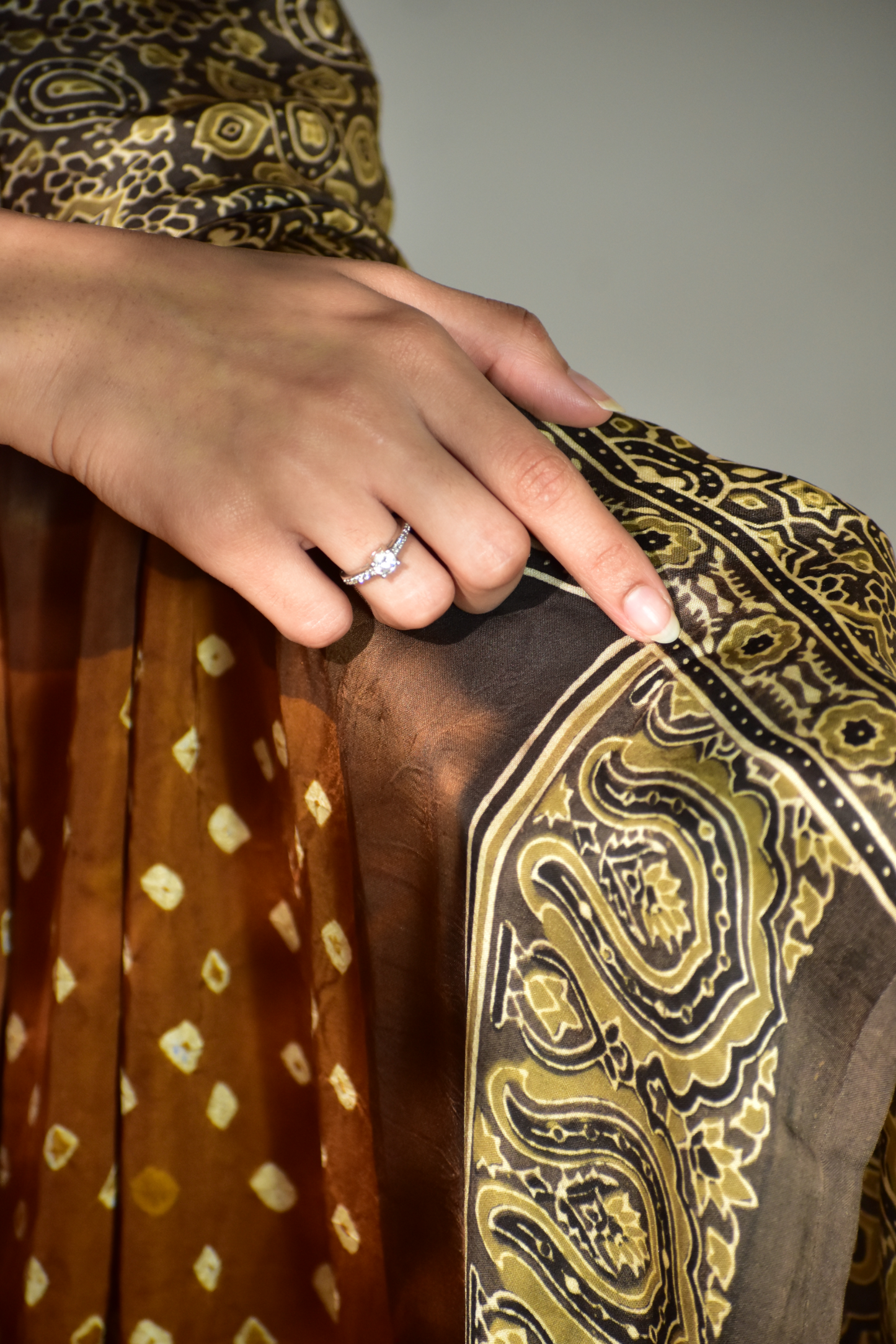 Amber Yellow & Dusky Grey Modal Silk Bandhani - Ajrakh Saree with Blouse Piece, SS1021