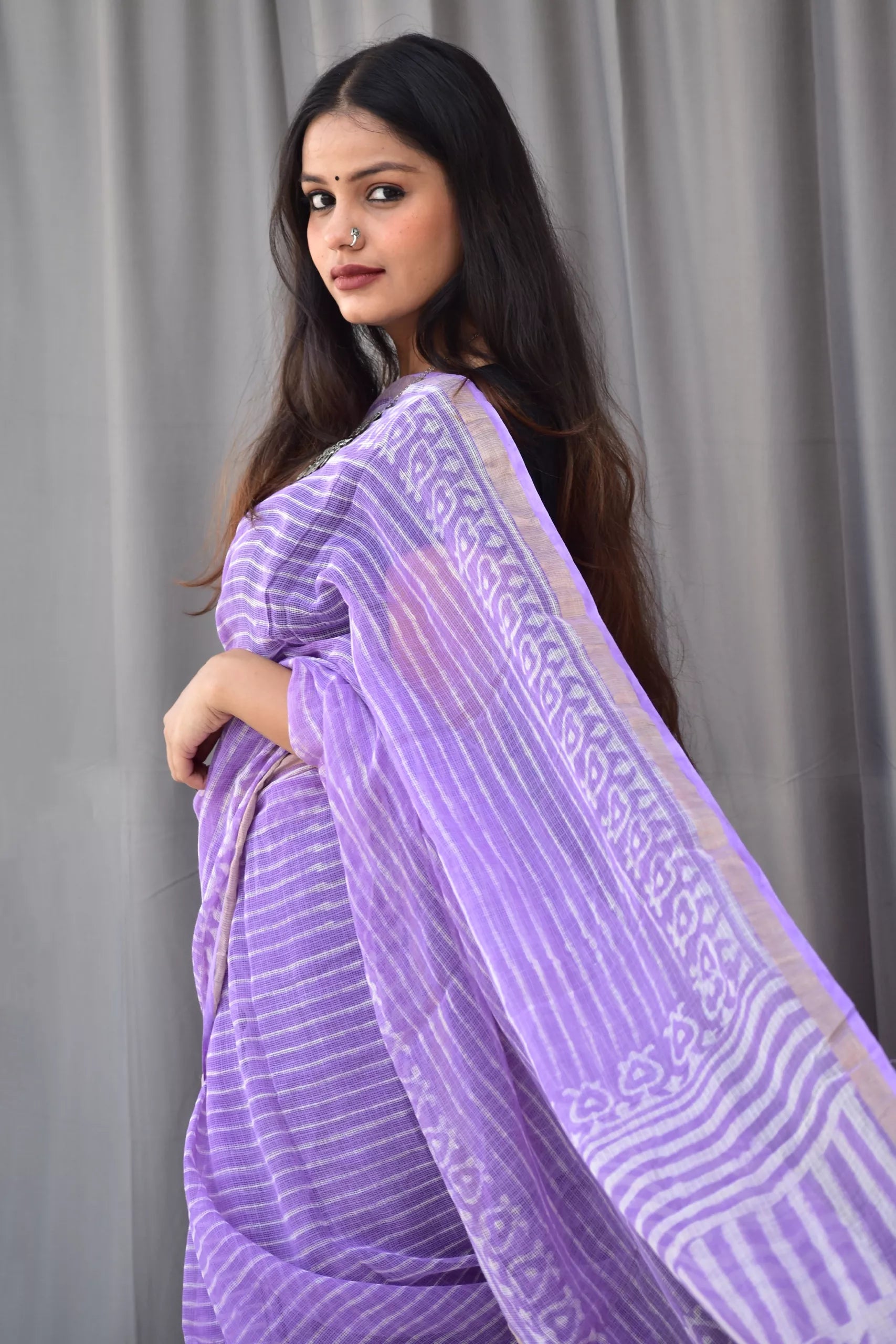 Pure Cotton Kota Doria Block Printed Saree with Zari Border, Lavender, SR1031