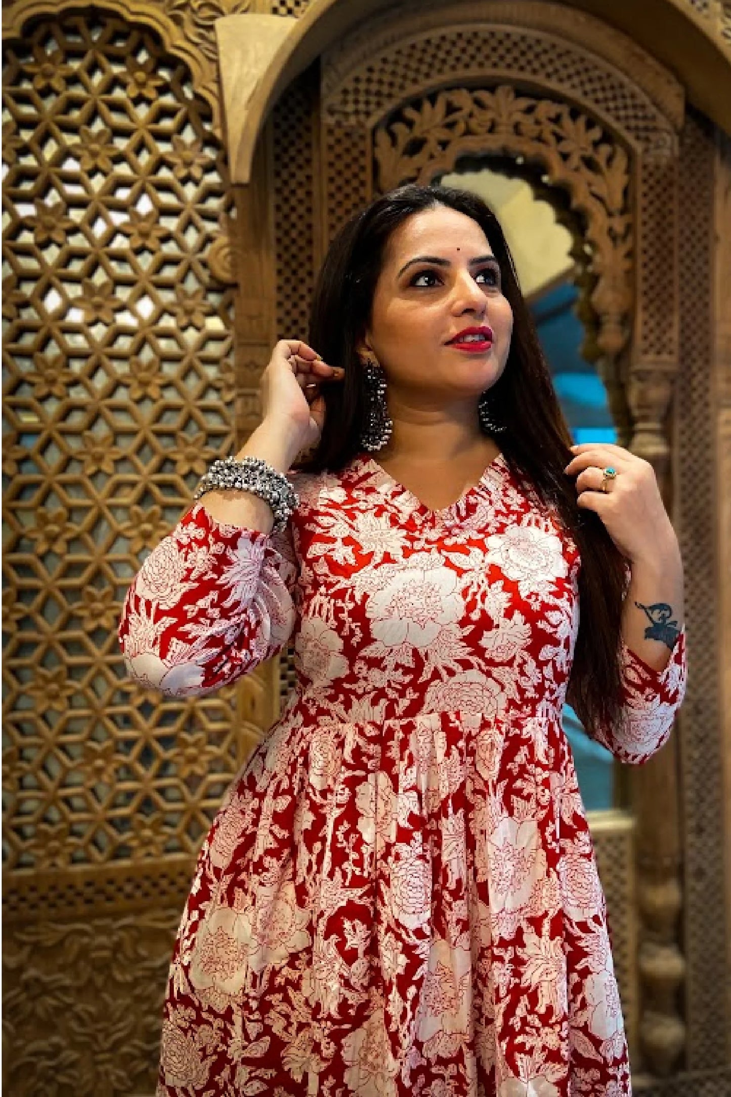 Jaipur Printed Cotton Frilled V neck Pleated Kurta, White - Red, KP1046