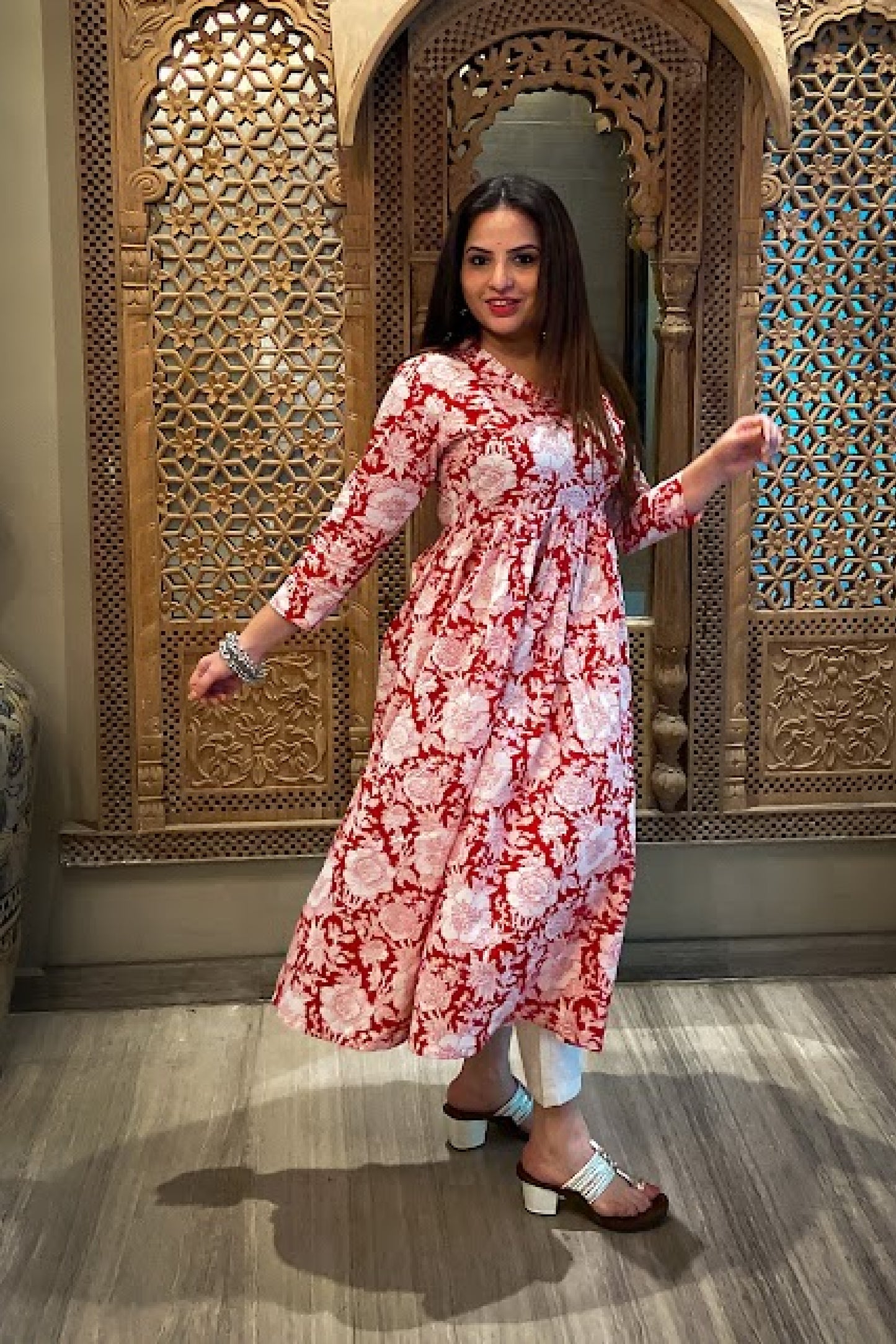 Jaipur Printed Cotton Frilled V neck Pleated Kurta, White - Red, KP1046
