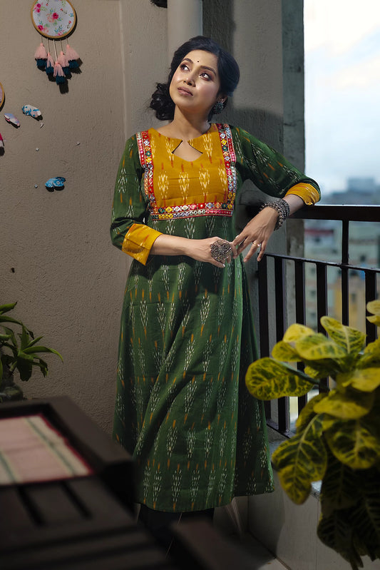 Ikat Cotton A line Kurta with Diamond neck & Mirror Work Lace Details, Bottle Green, KI1019
