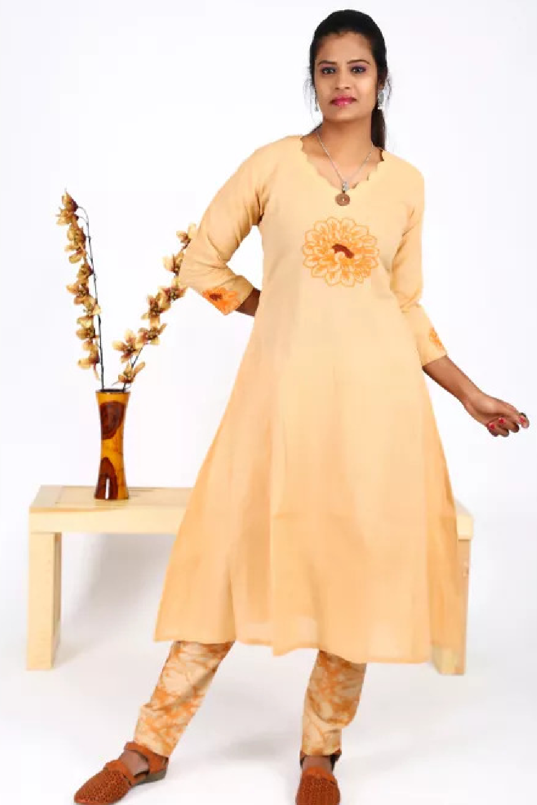 Hand Embroidered Handloom Cotton Scallopneck Anarkali Panelled Kurta , Beige, KW1032