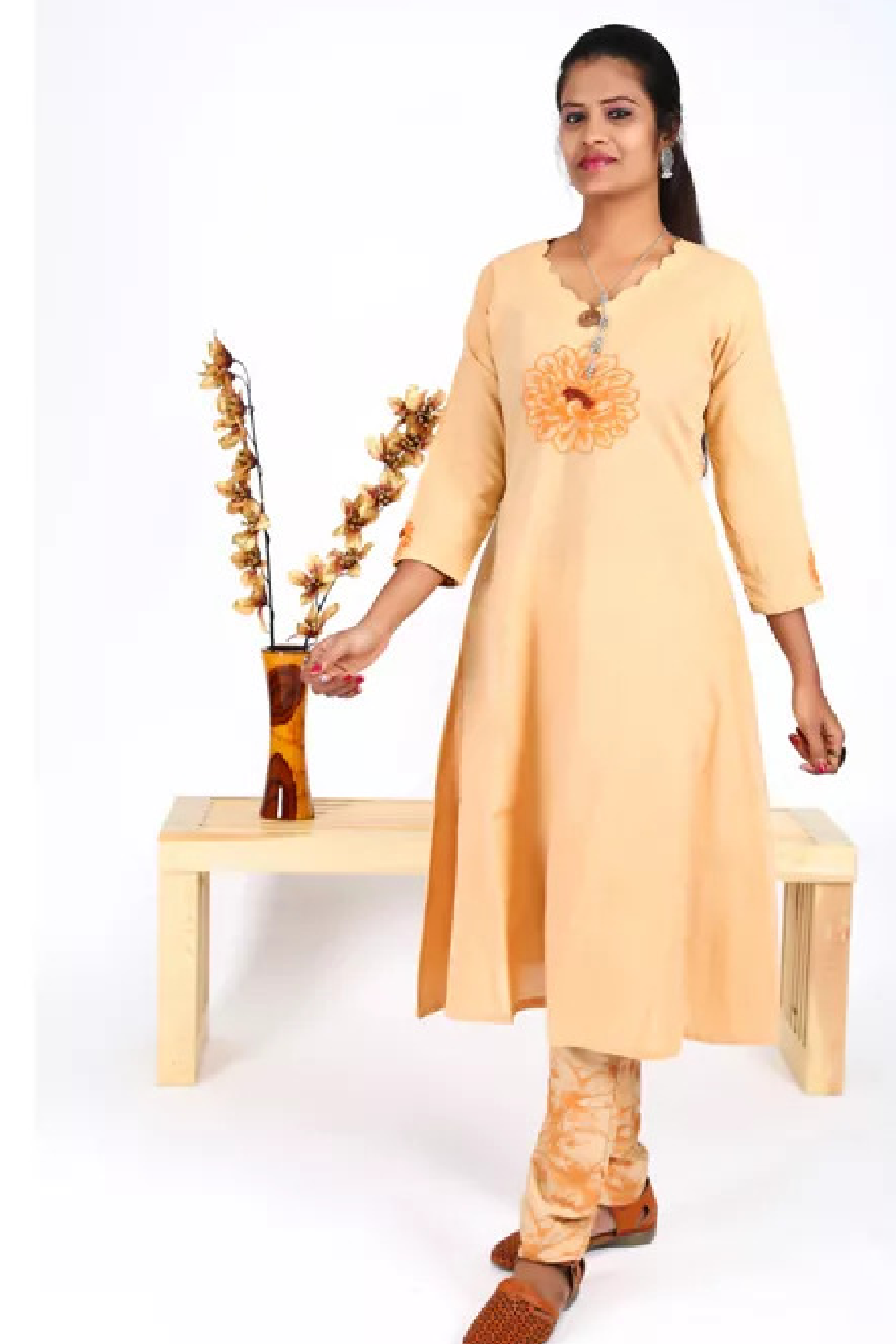 Hand Embroidered Handloom Cotton Scallopneck Anarkali Panelled Kurta , Beige, KW1032 Hand Embroidered Handloom Cotton Scallopneck Anarkali Panelled Kurta , Beige, KW1032