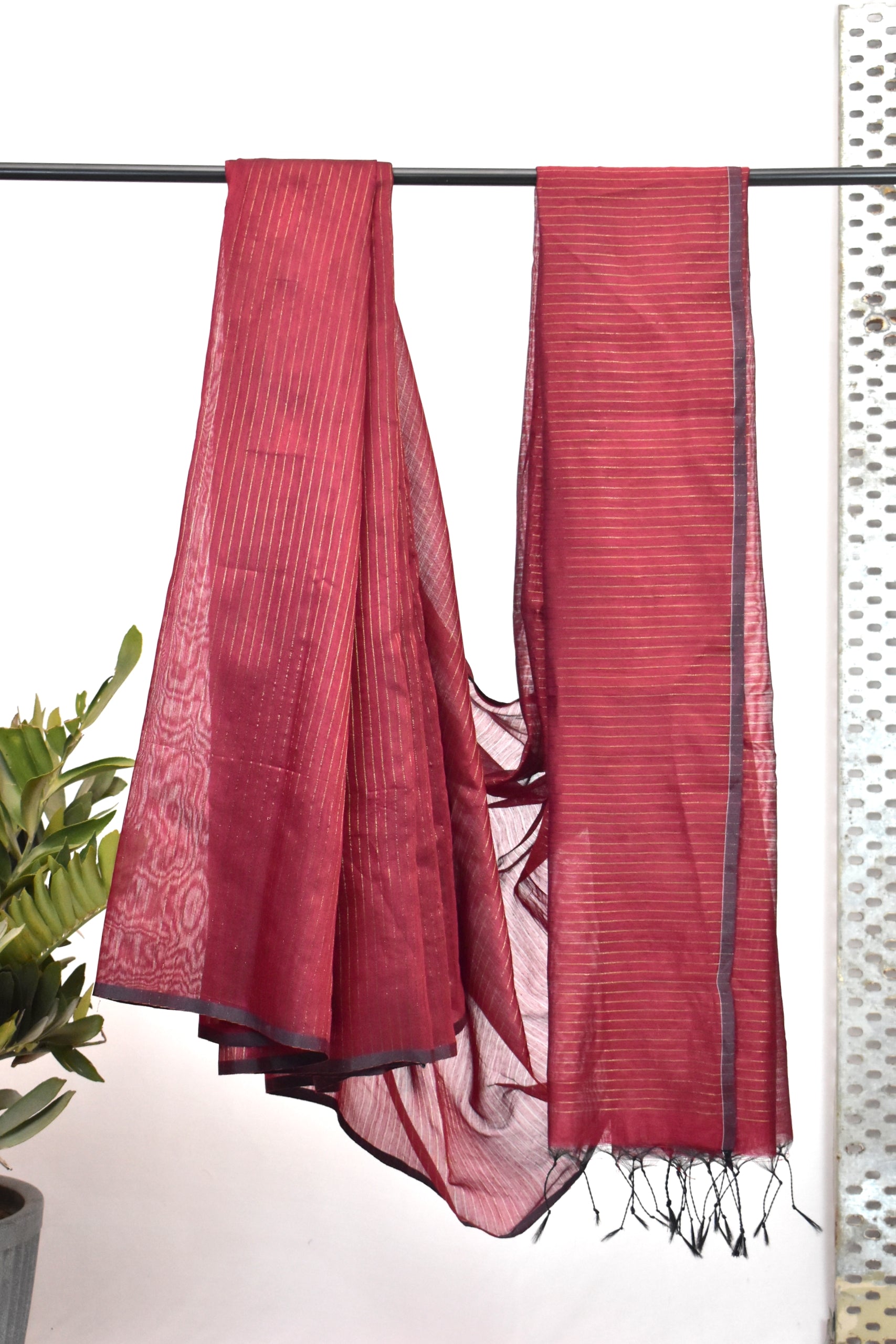 Blended Cotton Saree with Woven Zari Stripes & Tassles, Maroon, SR1003