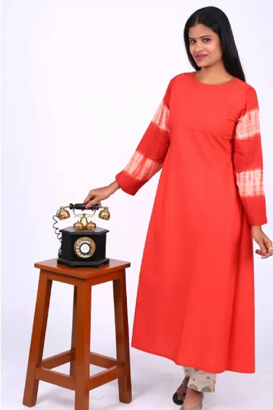 Shibori Printed Cotton Roundneck A line Kurti with Bead Embroidery,  Rust, KW2014