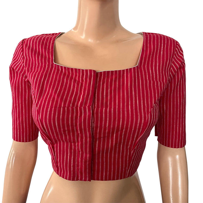 Woven Slub Cotton Striped Square neck Blouse with Lining, Majentha, BH1224