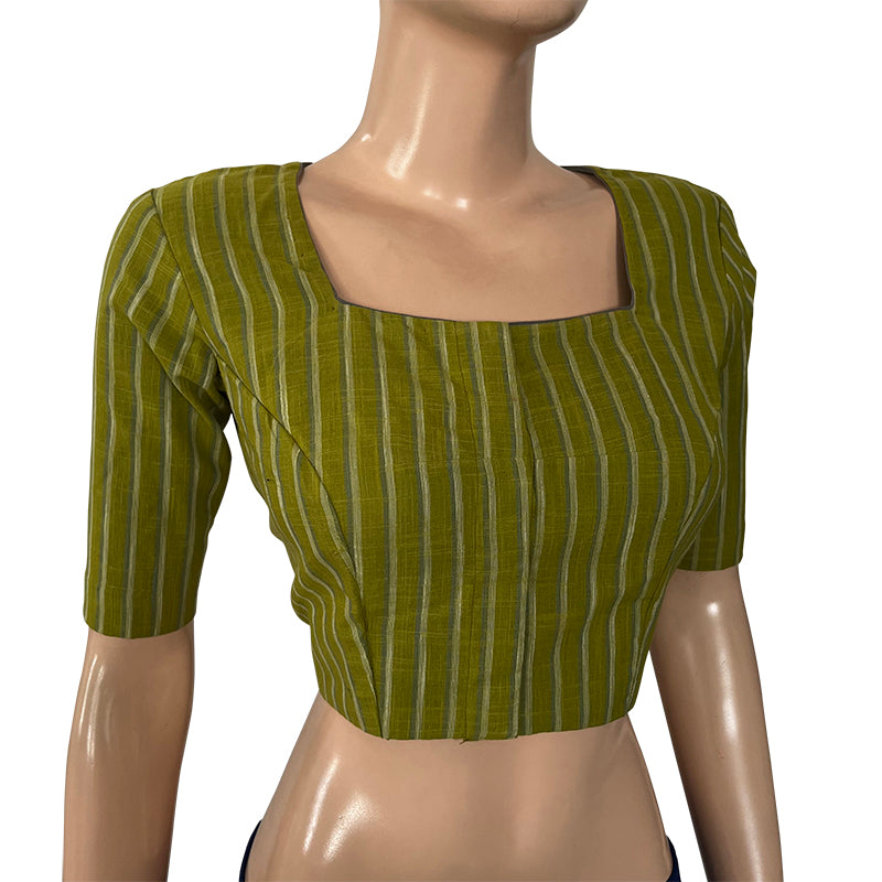 Woven Slub Cotton Striped Square neck Blouse with Lining, Olive Green, BH1225
